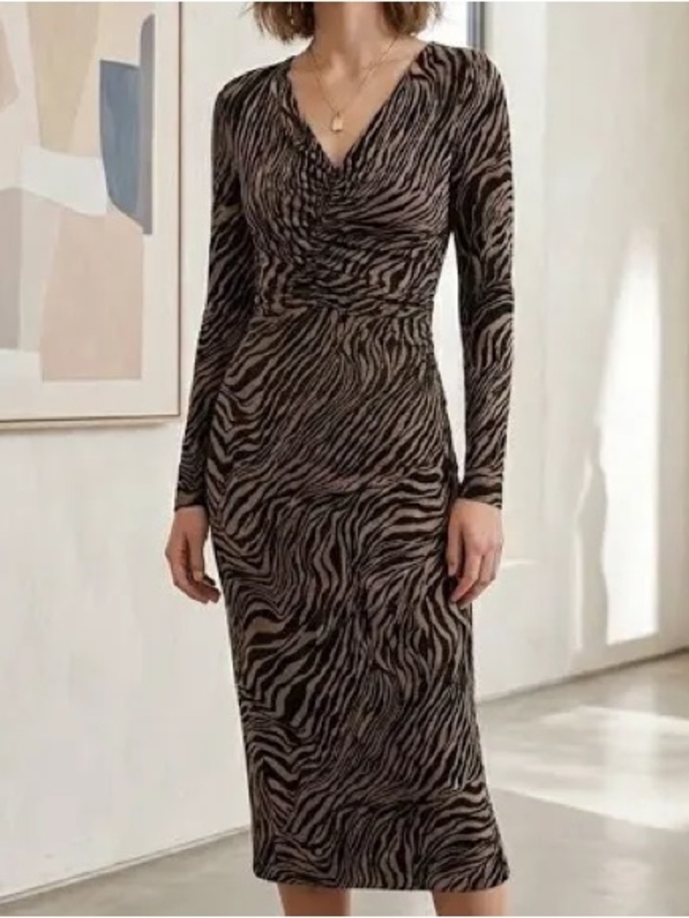 Lafayette 148 Zebra Print Long Sleeve Body-con Midi Dress Medium Party Evening